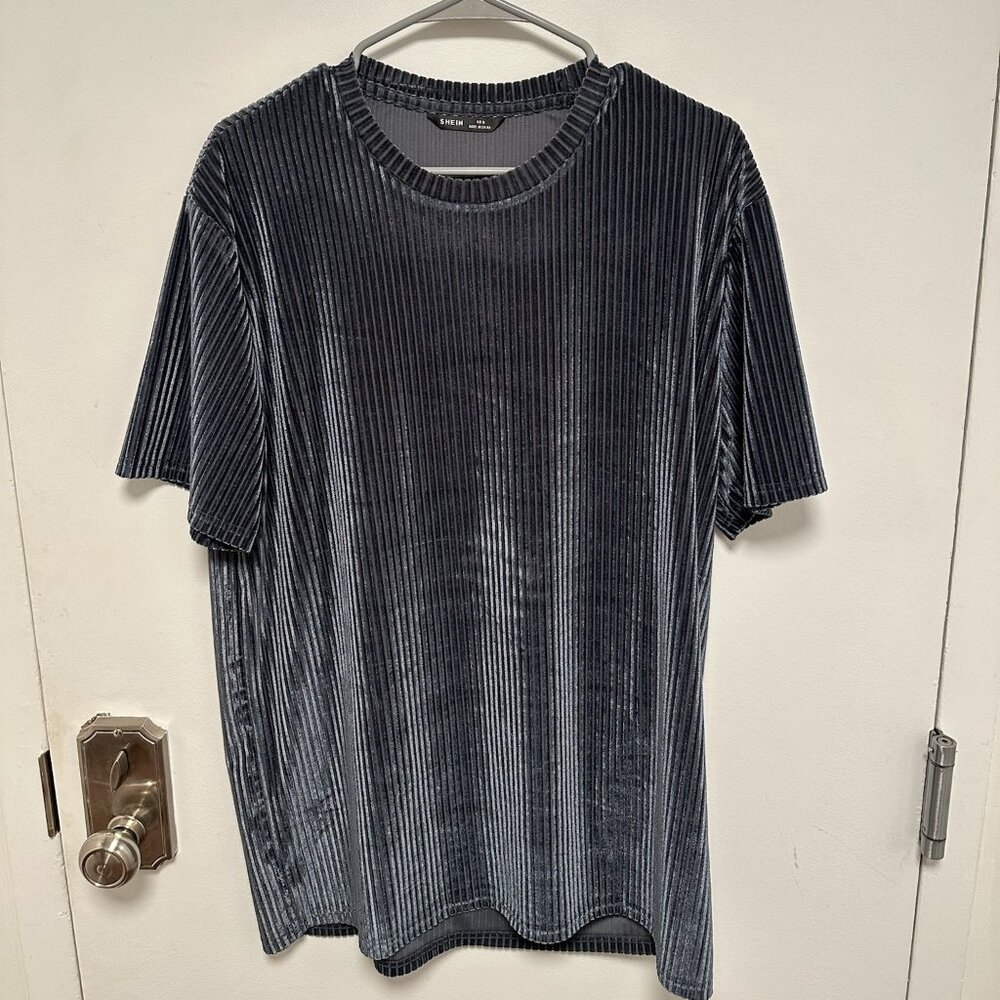 SHEIN Navy Blue Velvet Ribbed T-Shirt - Size XL